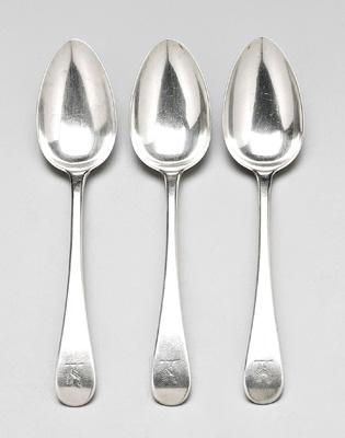 Appraisal: Three English silver spoons oval downturned tipt backs cock style