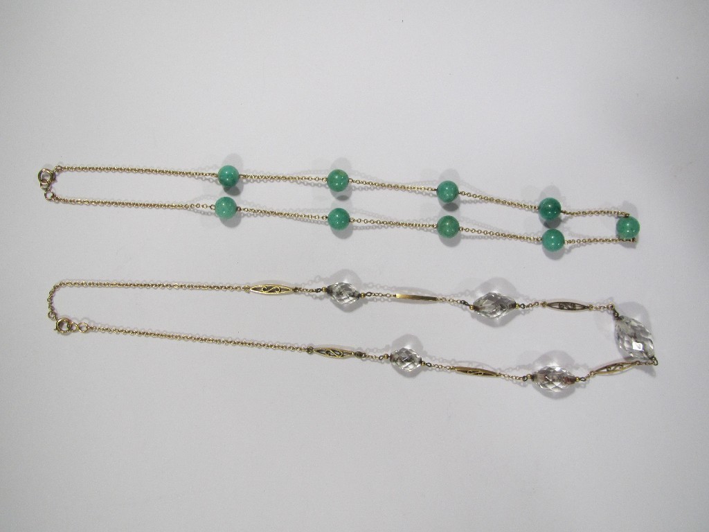 Appraisal: Lot comprising a ct gold neckchain with jade bead spacers