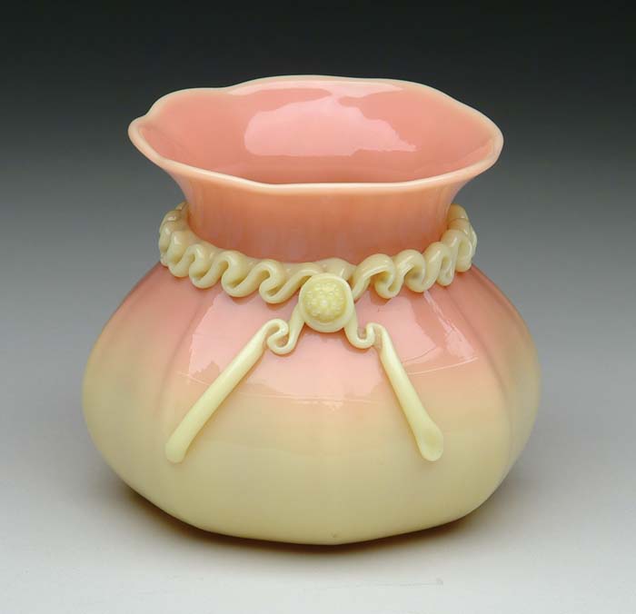 Appraisal: EXTREMELY RARE MT WASHINGTON BURMESE POUCH VASE WITH BOW KNOT