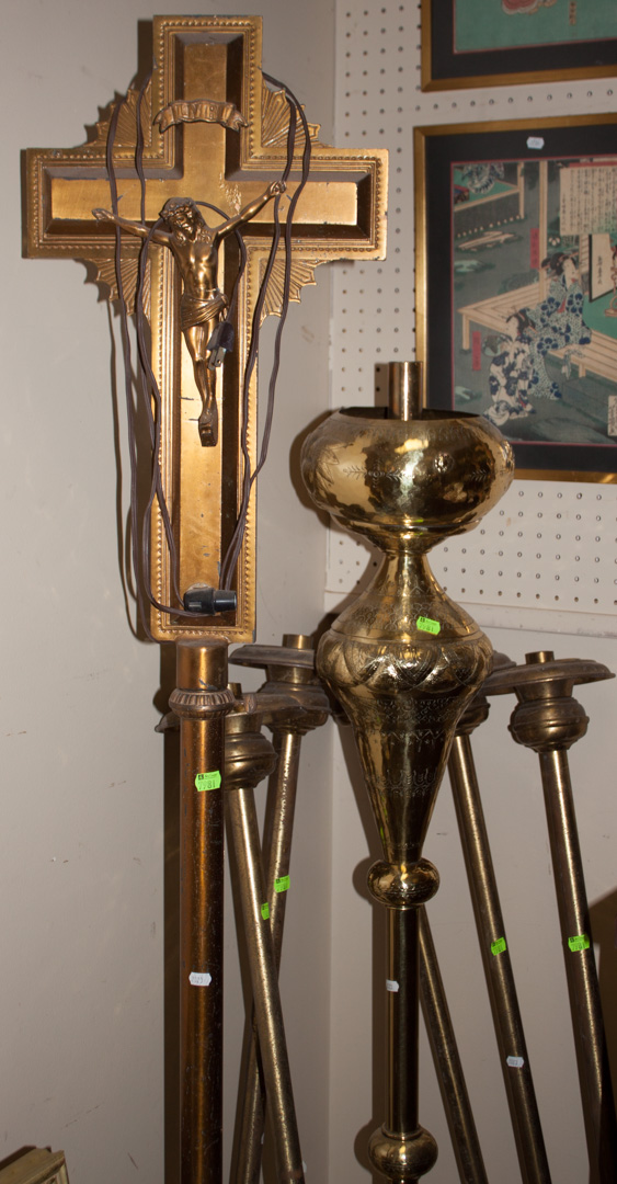 Appraisal: Assorted religious articles including five candleholders brass lamp base and