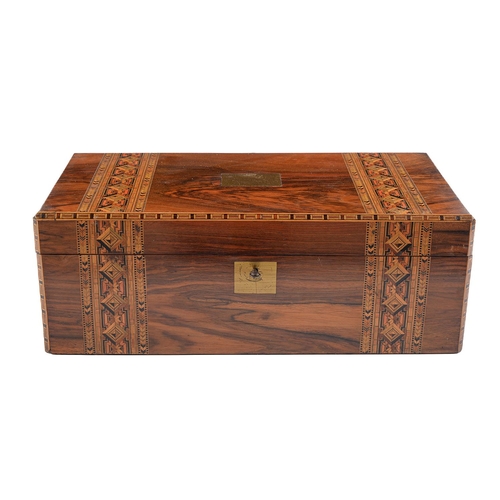 Appraisal: A Victorian walnut writing box with coloured straw banded decoration