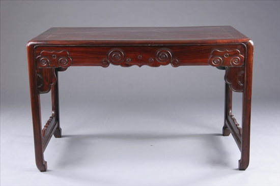 Appraisal: CHINESE ROSEWOOD TABLE th century Rectangular top above shaped shirt