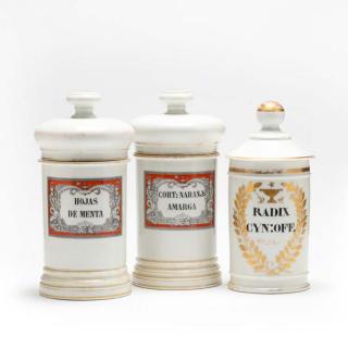 Appraisal: Three Mexican Porcelain Drug Jars a matched pair with rounded