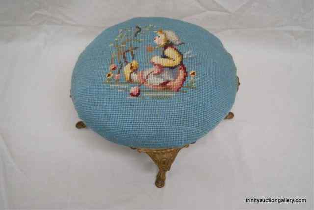 Appraisal: Antique Needlepoint Ladies Cushioned FootstoolThis is for a nice late