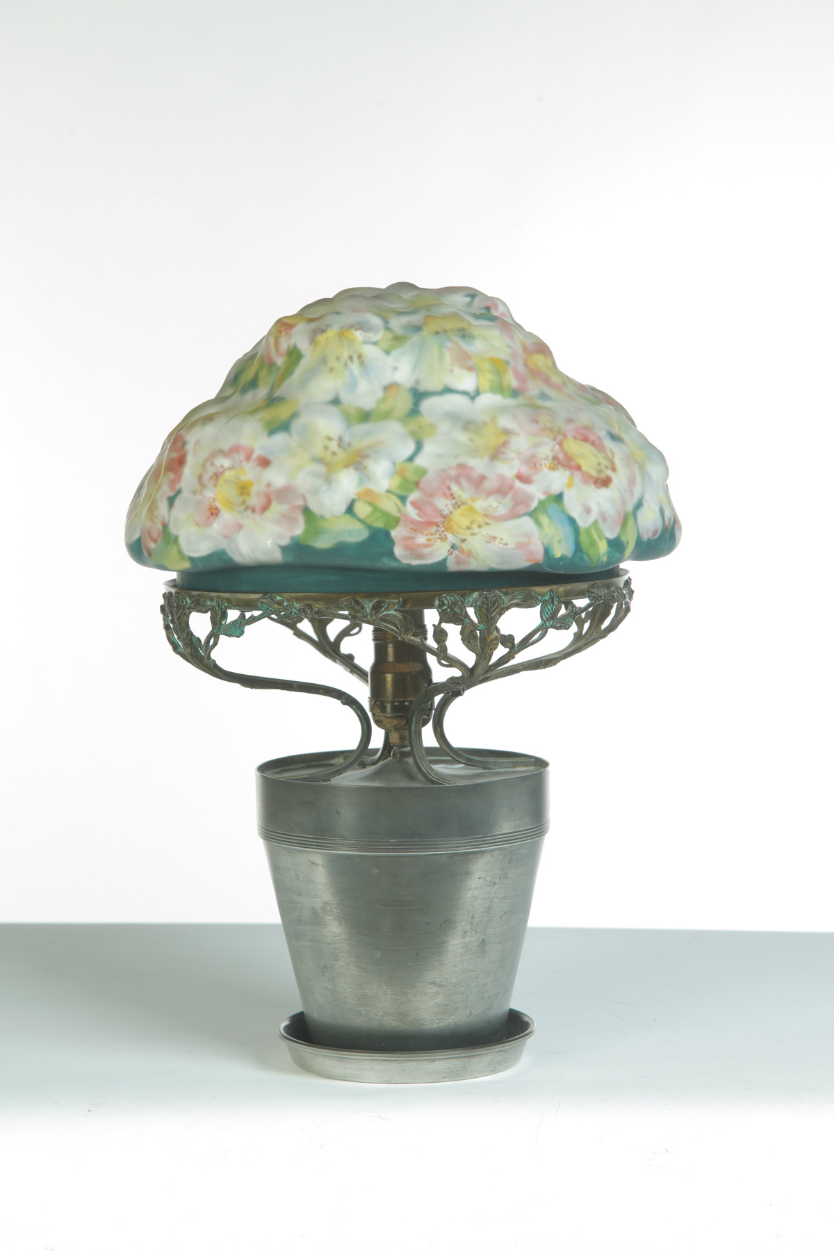 Appraisal: PAIRPOINT TABLE LAMP WITH DOGWOOD PUFFY SHADE AND FLOWER POT