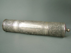 Appraisal: Foreign silver coloured metal scroll holder cartouche engraved 'An Address