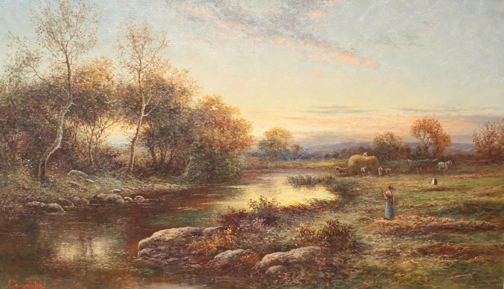 Appraisal: J LANGSTAFFE LATE th th CENTURY HARVESTING BY A STREAM