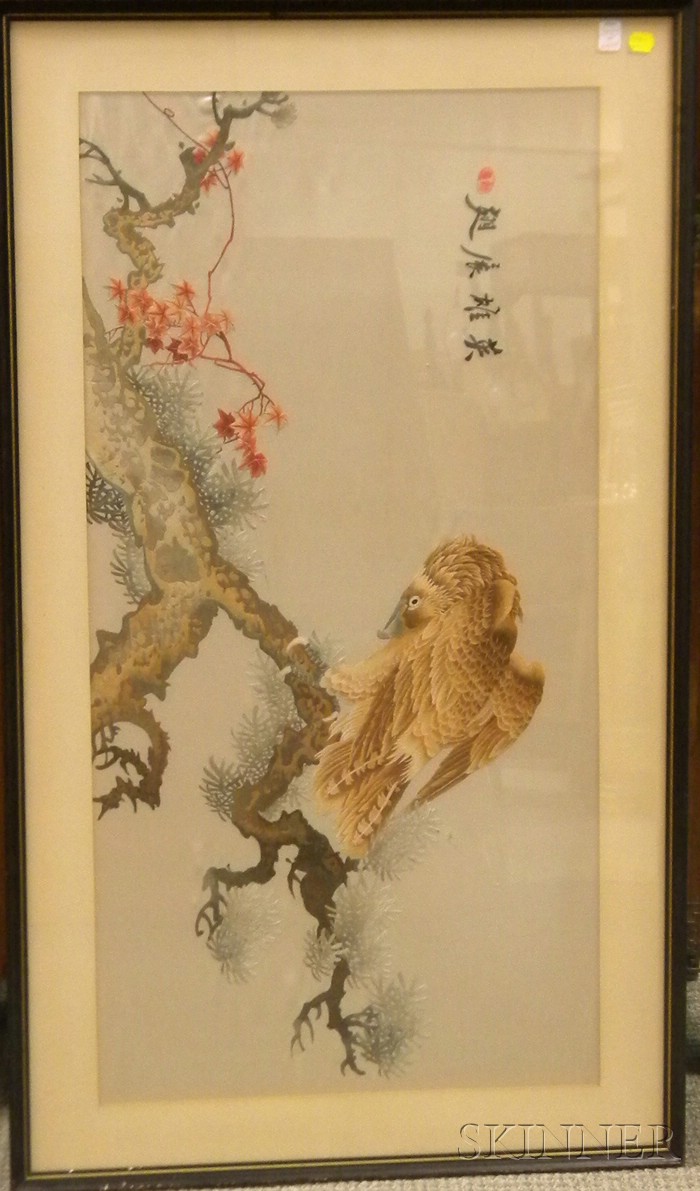 Appraisal: Framed Asian Embroidered Silk Panel Depicting a Bird of Prey