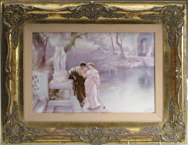 Appraisal: A porcelain plaque of a romantic garden scene Maud H