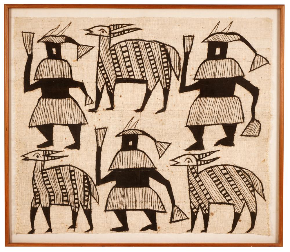 Appraisal: PRIMITIVE-STYLE PRINTED TEXTILEdepicting three figures and three gazelles framed under