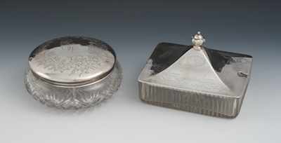 Appraisal: Two Glass Containers with Sterling Silver Lids A rectangular glass