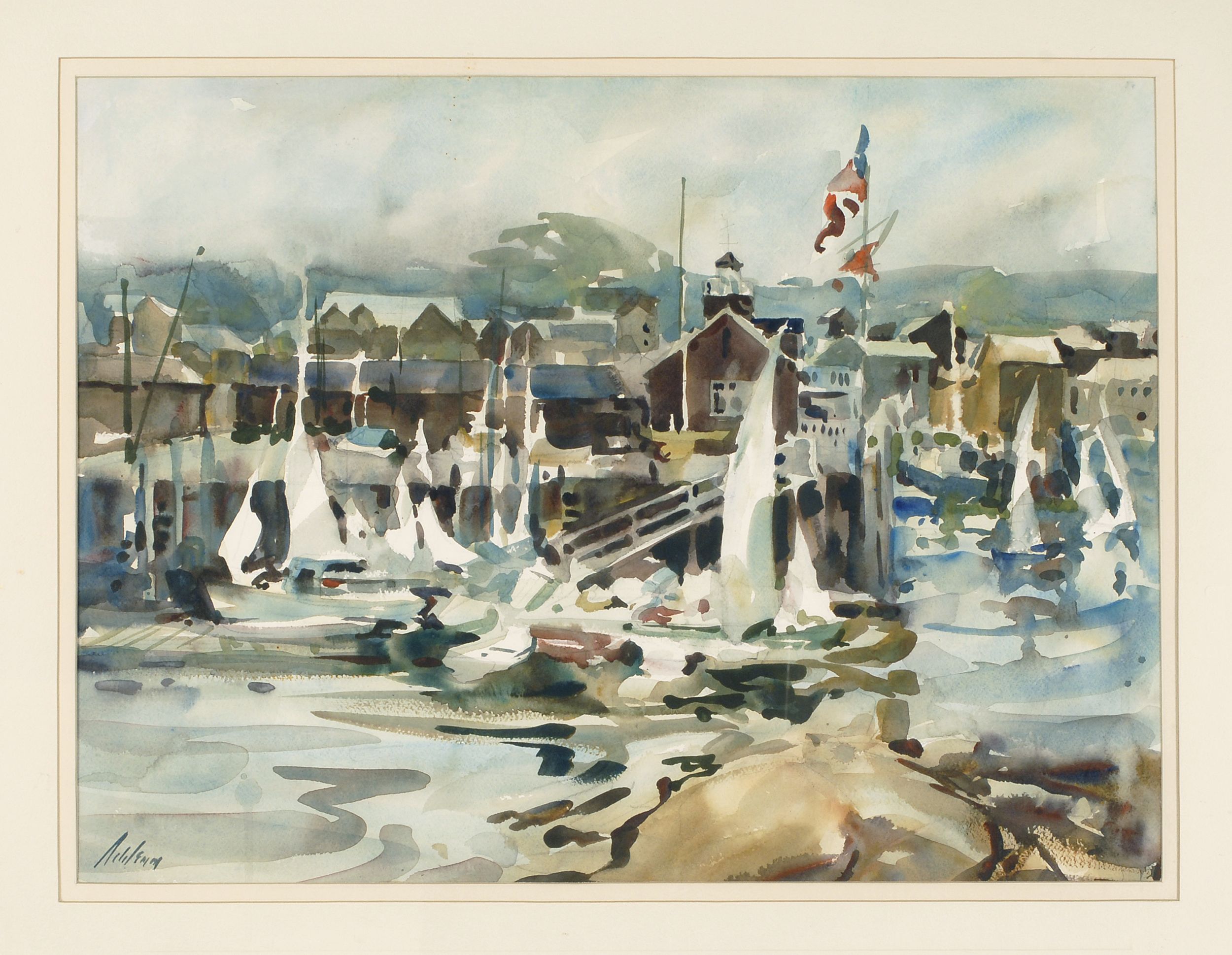 Appraisal: FRAMED WATERCOLOR Depicting the Rockport waterfront Signed lower left Schlemin