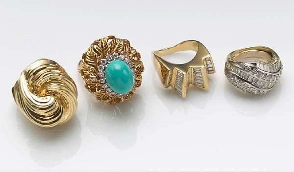 Appraisal: A collection of four diamond turquoise and k gold rings