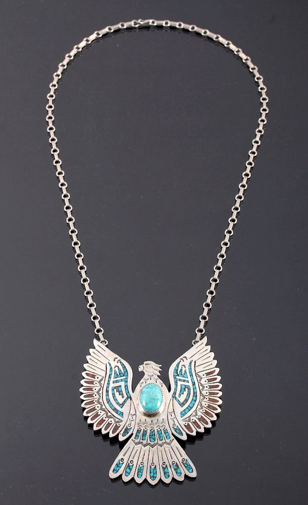 Appraisal: Navajo Sterling Silver Turquoise Eagle Necklace This is a Navajo