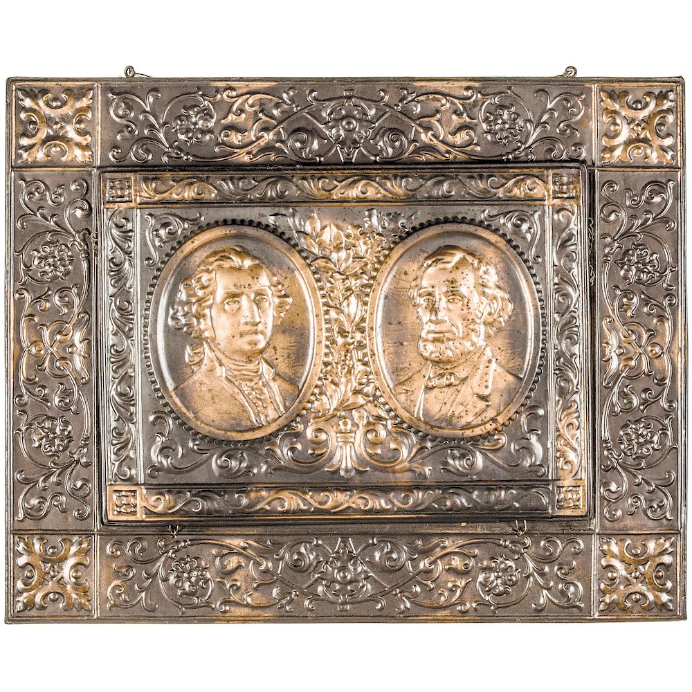 Appraisal: ABRAHAM LINCOLN GEORGE WASHINGTON PORTRAIT COPPER REPOUSSE MAGAZINE HOLDER Historic