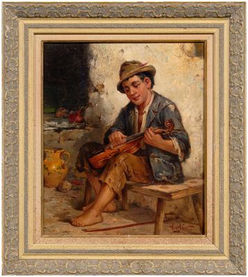 Appraisal: Painting signed quot V Olbert quot street urchin with violin