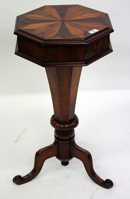 Appraisal: A VICTORIAN WALNUT OCTAGONAL WORKTABLE the lid with parquetry wood