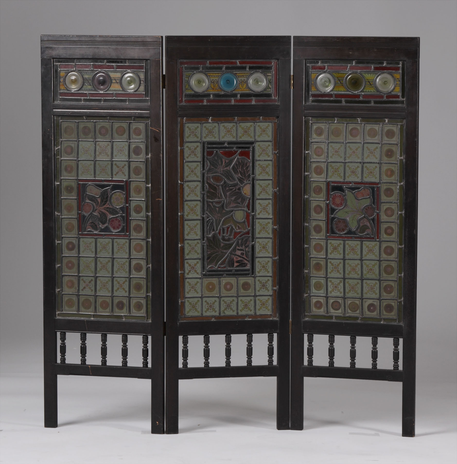 Appraisal: Victorian Ebonized Fire Screen w Leaded Stained Glass Panels Some