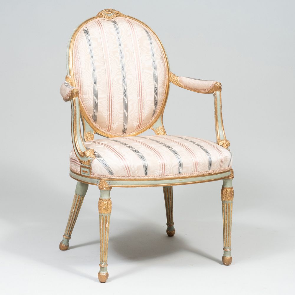 Appraisal: George III Style Painted and Parcel-Gilt Armchair Upholstered in a