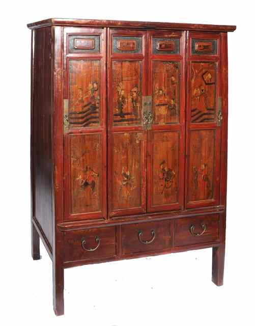 Appraisal: AN ORIENTAL LACQUERED CUPBOARD the four panelled doors enclosing shelves