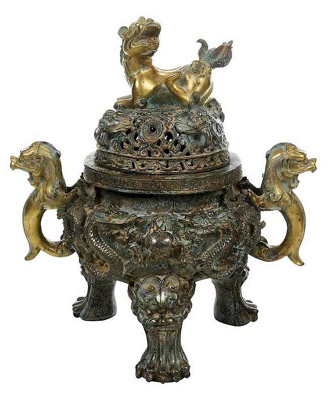 Appraisal: Chinese Gilt and Verdigris Lidded Dragon Censer th th century