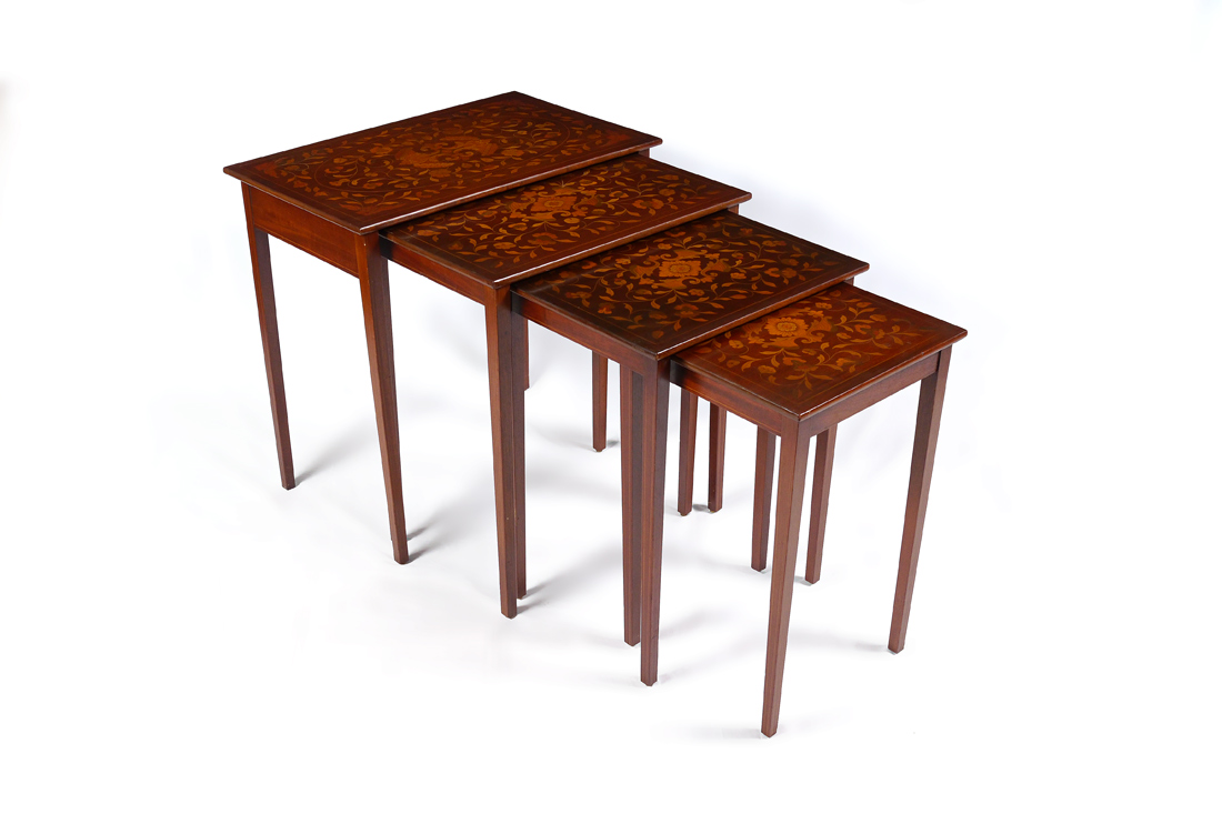 Appraisal: DUTCH MARQUETRY INLAID NESTING TABLES Lovely floral motif to tops