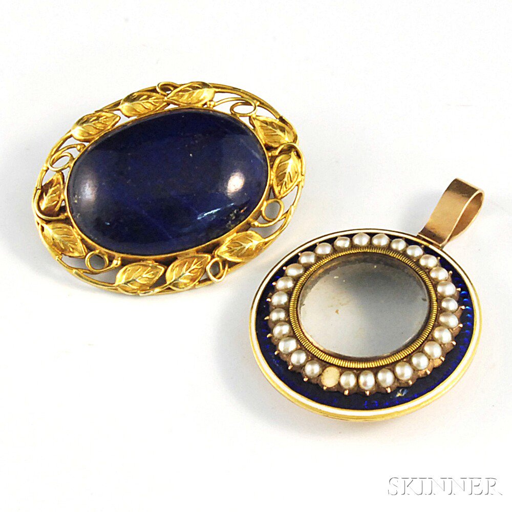 Appraisal: Two Pieces of Antique Jewelry an Arts Crafts-style lapis brooch