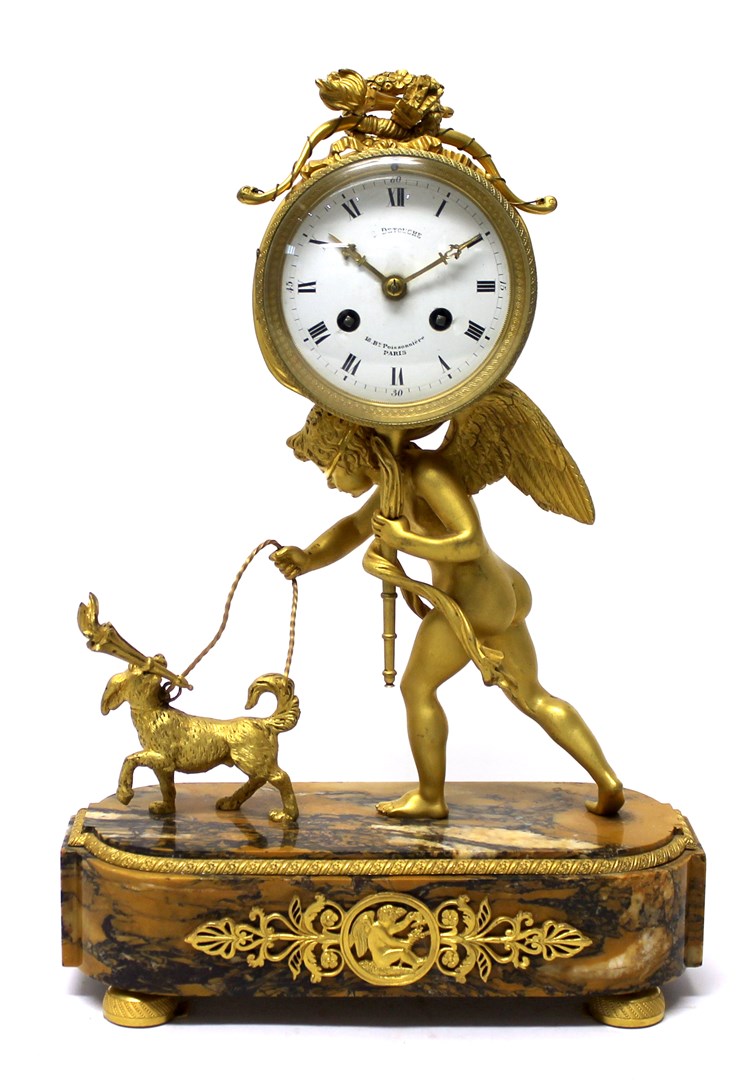 Appraisal: A French ormolu striking mantel clock of empire style Detouche