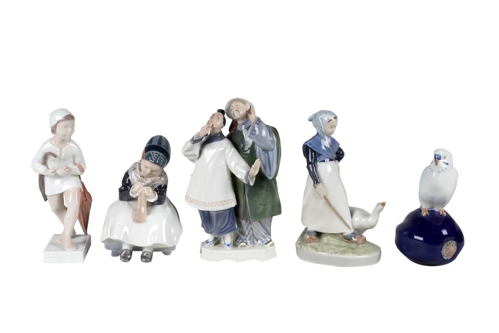 Appraisal: GROUP OF FIVE ROYAL COPENHAGEN FIGURINEScomprising a woman with duck