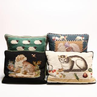 Appraisal: Four Vintage Needlepoint Pillows two with cats and mice one