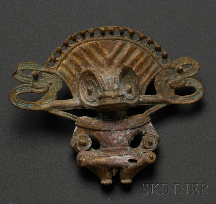 Appraisal: Pre-Columbian Tumbaga Figural Pendant Colombia Tairona standing figure with elaborate