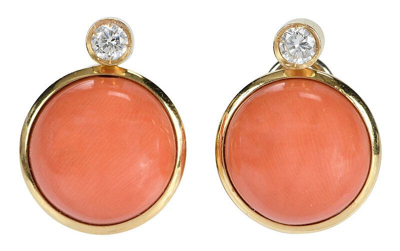 Appraisal: kt Coral and Diamond Earrings each with one round coral