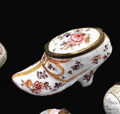 Appraisal: English enamel shoe-form box th century Modeled as a lady's