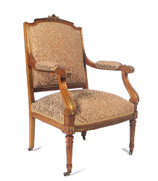 Appraisal: A Louis XVI style parcel gilt armchair height in width