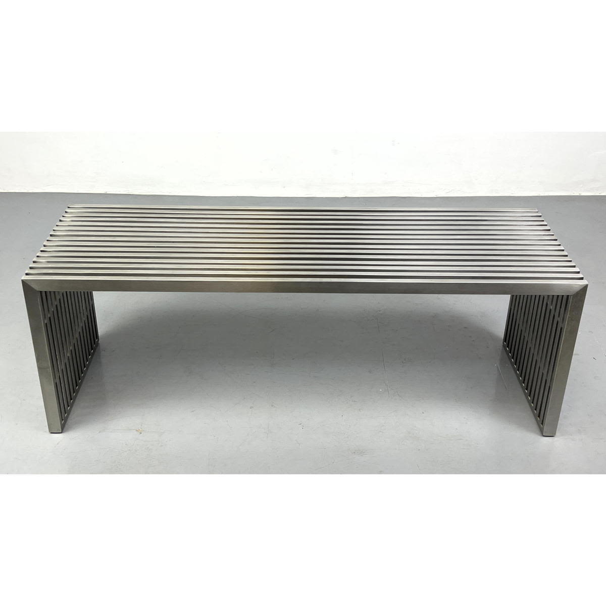 Appraisal: Stainless Slat Bench Coffee Table Lucite Blocks alternate with stainless