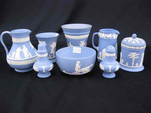 Appraisal: pcs Wedgwood Blue Jasperware including pitchers vase bowl box salt