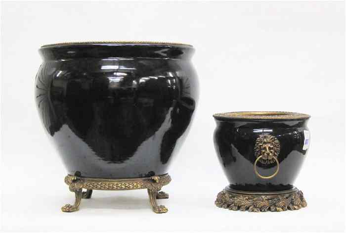 Appraisal: TWO CHINESE BLACK EXPORT PORCELAIN JARDINIERES large and small versions