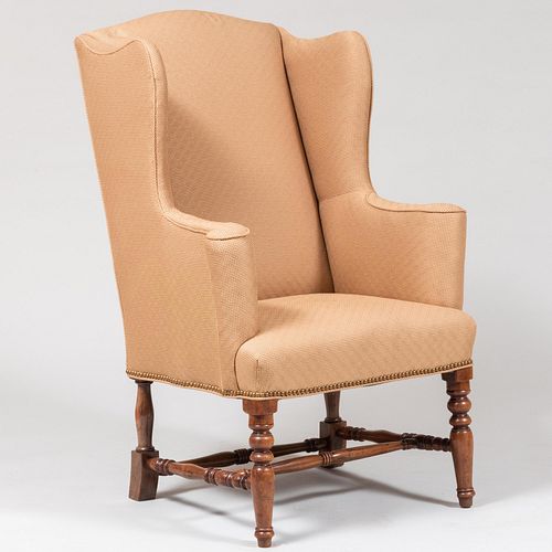 Appraisal: VICTORIAN STYLE FRUITWOOD AND UPHOLSTERED WING CHAIR x x in