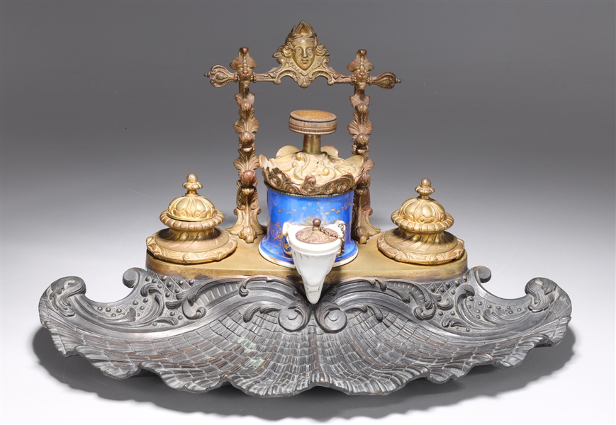 Appraisal: Very elaborate antique French bronze and porcelain ink stand by