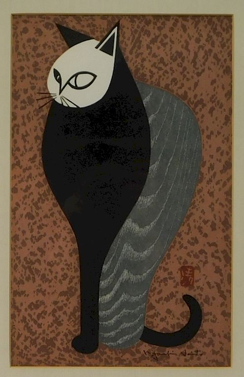 Appraisal: Kiyoshi Saito Modern Cat Woodblock Print Kiyoshi Saito Modern Cat