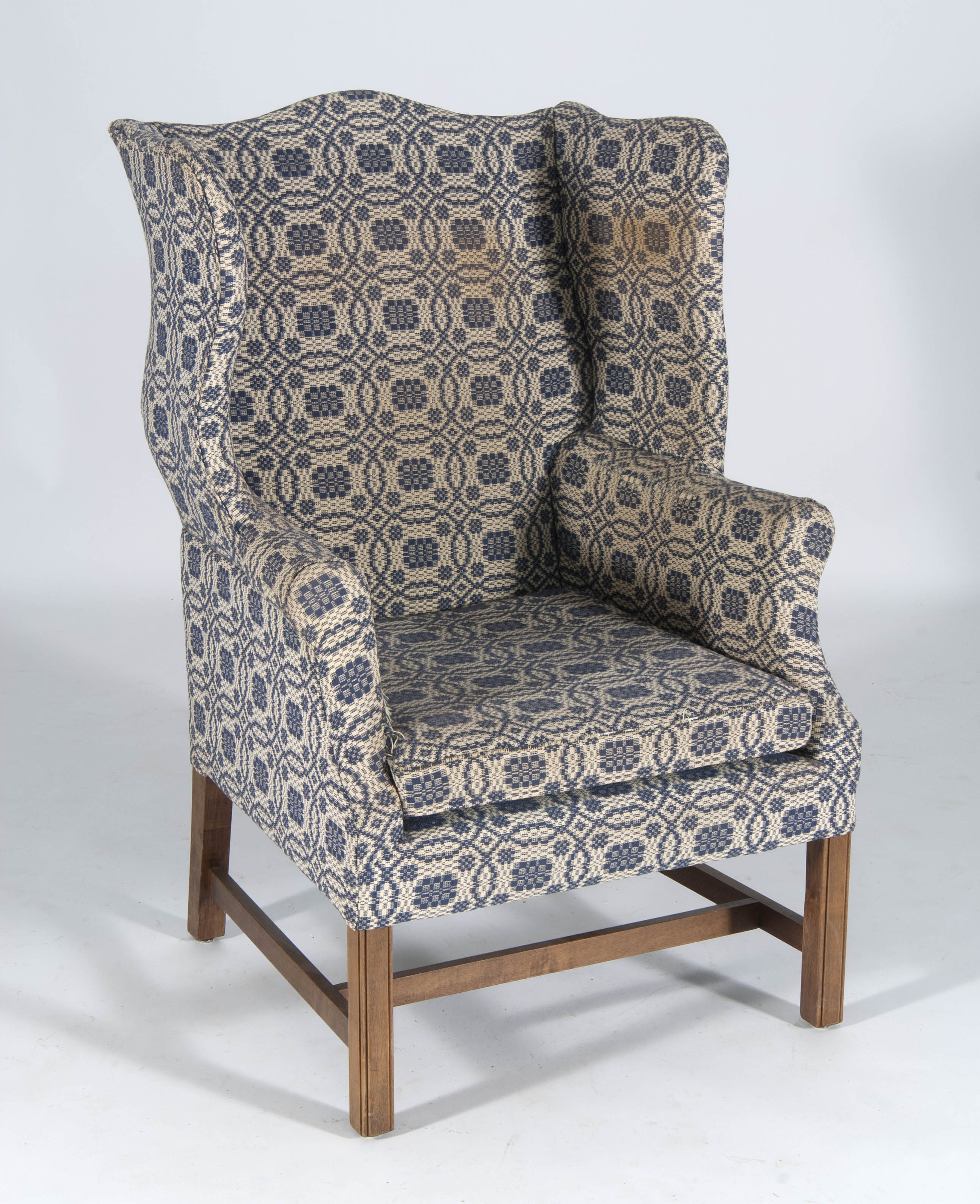 Appraisal: HEPPLEWHITE-STYLE WING CHAIR Late th CenturyIn blue and white upholstery