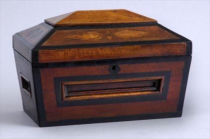 Appraisal: REGENCY INLAID MAHOGANY SARCOPHAGUS-FORM TEA CADDY The hinged lid with