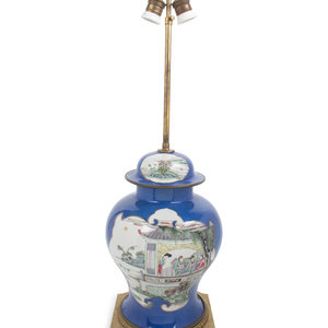 Appraisal: A Famille Rose Blue-Ground Porcelain Jar Mounted as a Lamp