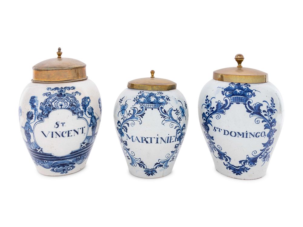 Appraisal: Three Delft Blue and White Tobacco Jars Three Delft Blue