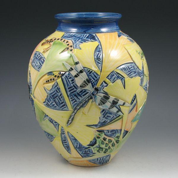 Appraisal: Cindy Lemmer-Searles hand thrown vase with carved ginkgo leaves frogs