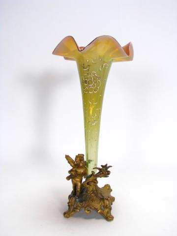 Appraisal: Victorian fluted top amber and green vase with cast metal