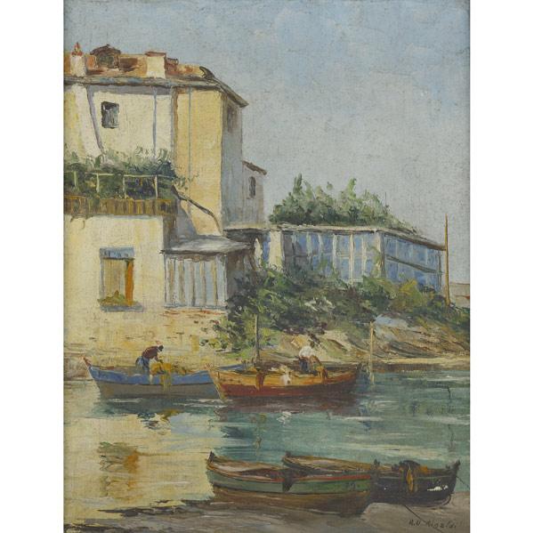 Appraisal: R W RINALDI Untitled Harbor Scene with Buildings oil on