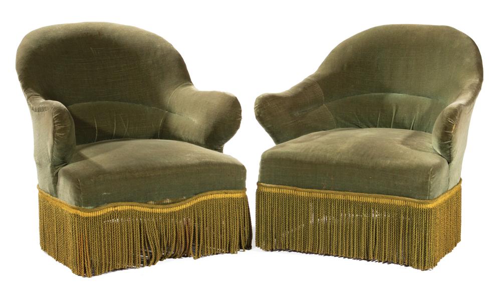 Appraisal: Pair of Edwardian-Style Upholstered Slipper Chairs olive velvet with bullion