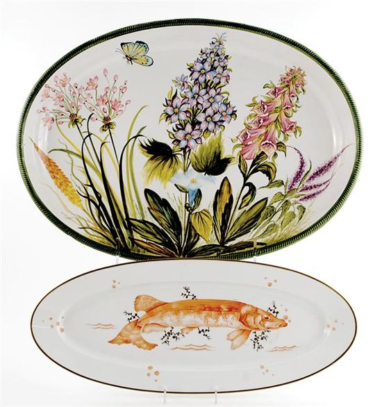 Appraisal: Porcelain and ceramic platters and fish service Italian painted turkey