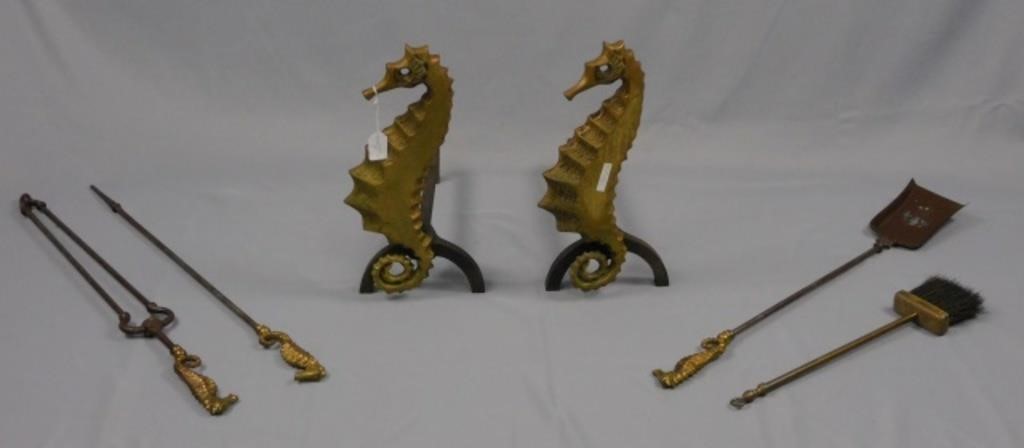 Appraisal: pair of seahorse form brass andirons high wide overall depth